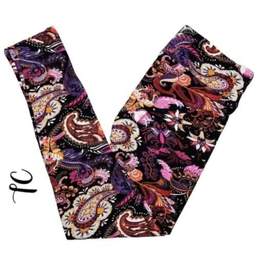 LuLaRoe Womens Leggings Size TC Black Pink Purple Paisley‎ Floral Tall Curvy NWT